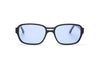 front view of sunglasses with light blue lenses and black acetate