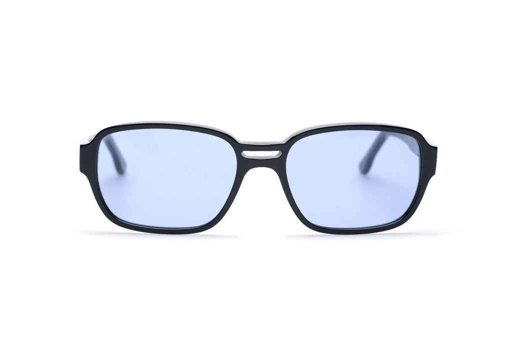 front view of sunglasses with light blue lenses and black acetate