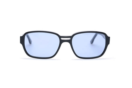 front view of sunglasses with light blue lenses and black acetate