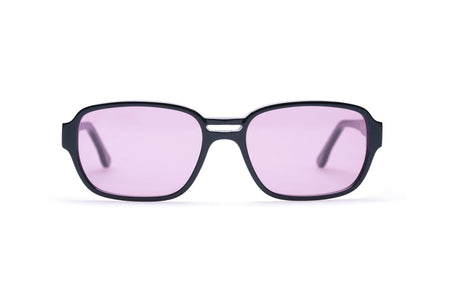 front view of sunglasses with purple lenses and black acetate