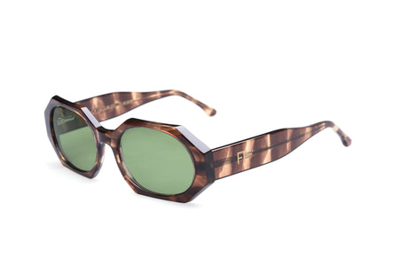 side view of octogon sunglasses with green lenses and brown tortoise shell acetate on a wide temple