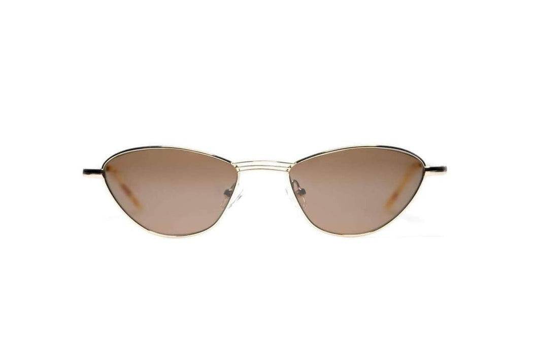 front view of small, gold metal sunglasses, brown lenses and a unique nose bridge